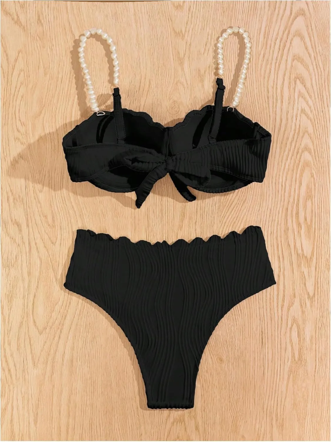 MakeMeChic Women's 2 Piece Bikini Set Textured Pearl Beaded Strap Scallop Trim High Waist Swimsuit