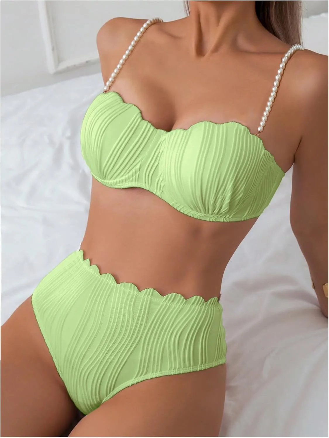 MakeMeChic Women's 2 Piece Bikini Set Textured Pearl Beaded Strap Scallop Trim High Waist Swimsuit