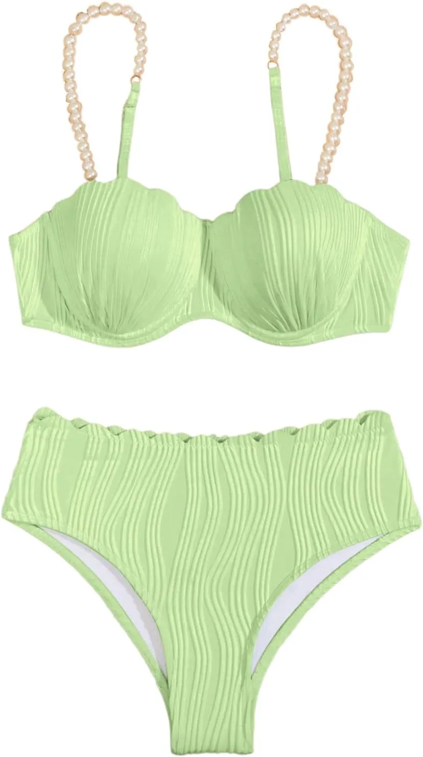 MakeMeChic Women's 2 Piece Bikini Set Textured Pearl Beaded Strap Scallop Trim High Waist Swimsuit