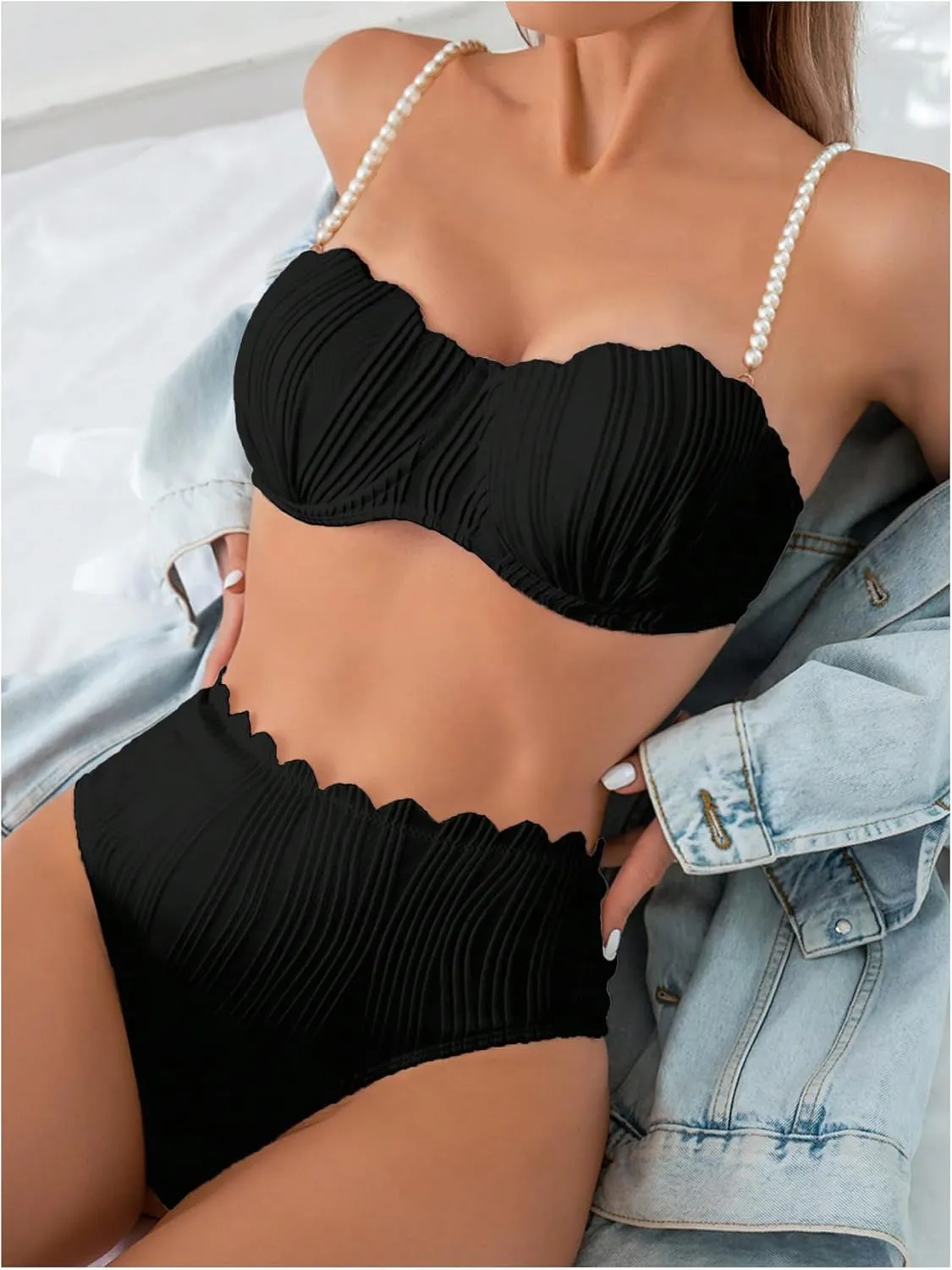 MakeMeChic Women's 2 Piece Bikini Set Textured Pearl Beaded Strap Scallop Trim High Waist Swimsuit