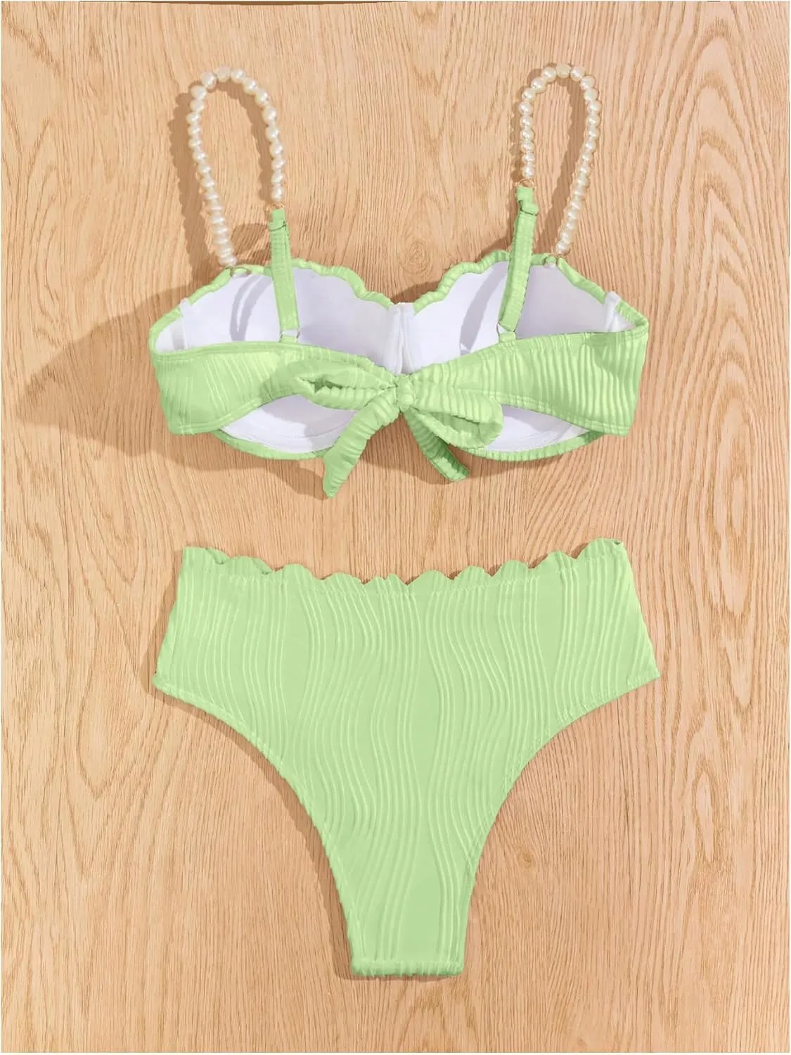 MakeMeChic Women's 2 Piece Bikini Set Textured Pearl Beaded Strap Scallop Trim High Waist Swimsuit