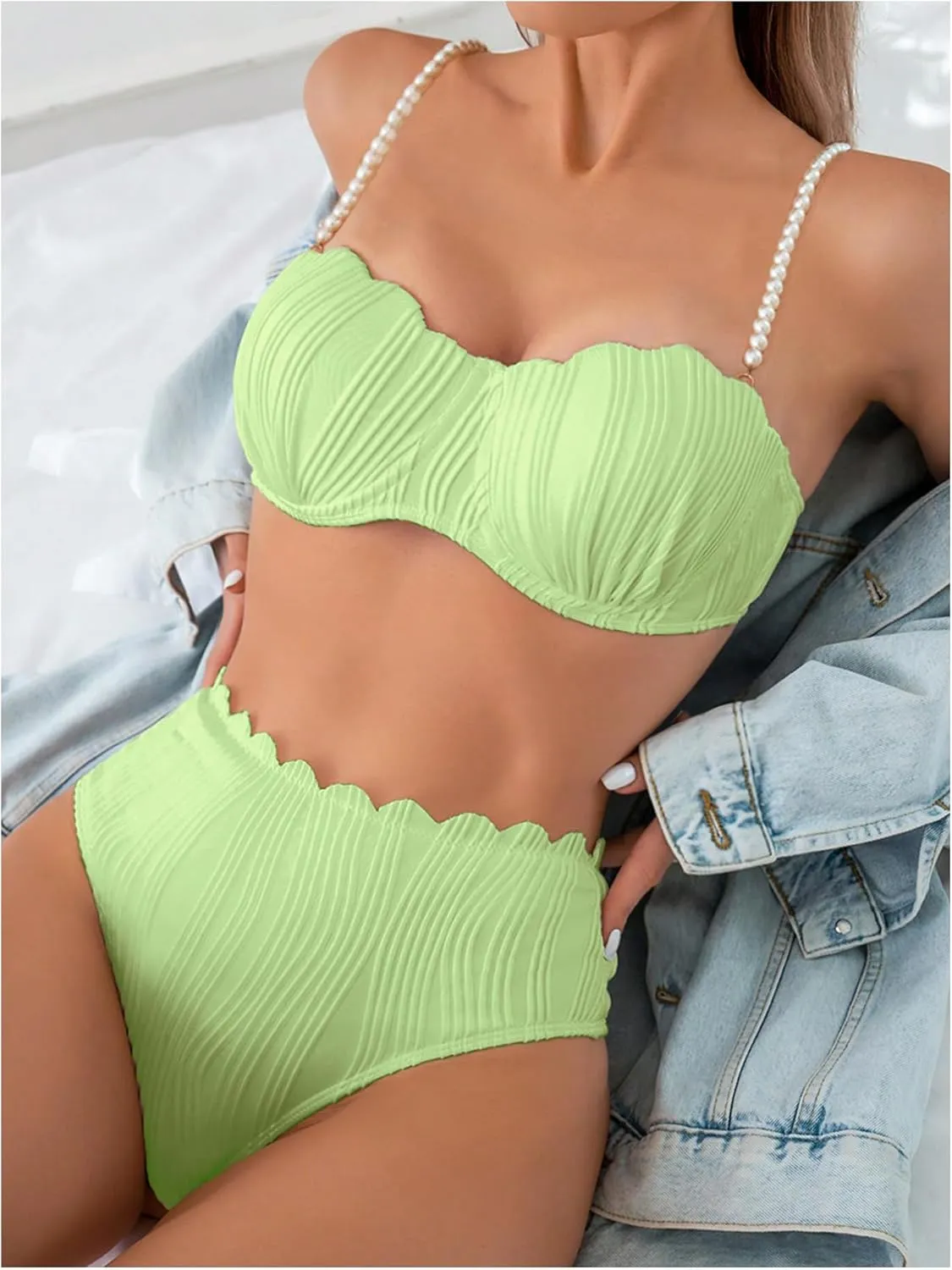 MakeMeChic Women's 2 Piece Bikini Set Textured Pearl Beaded Strap Scallop Trim High Waist Swimsuit
