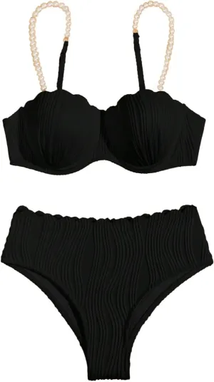 MakeMeChic Women's 2 Piece Bikini Set Textured Pearl Beaded Strap Scallop Trim High Waist Swimsuit