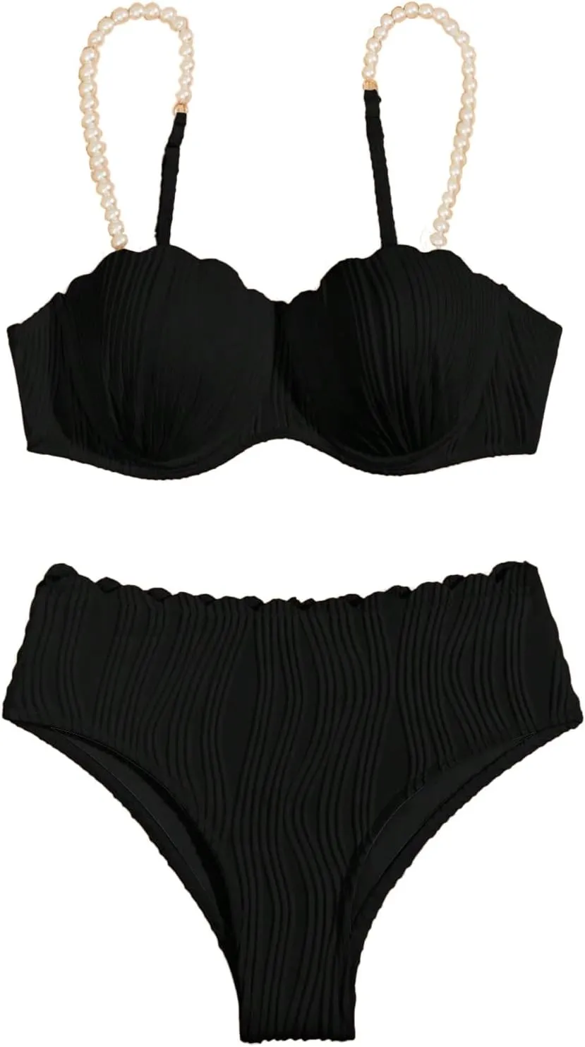 MakeMeChic Women's 2 Piece Bikini Set Textured Pearl Beaded Strap Scallop Trim High Waist Swimsuit