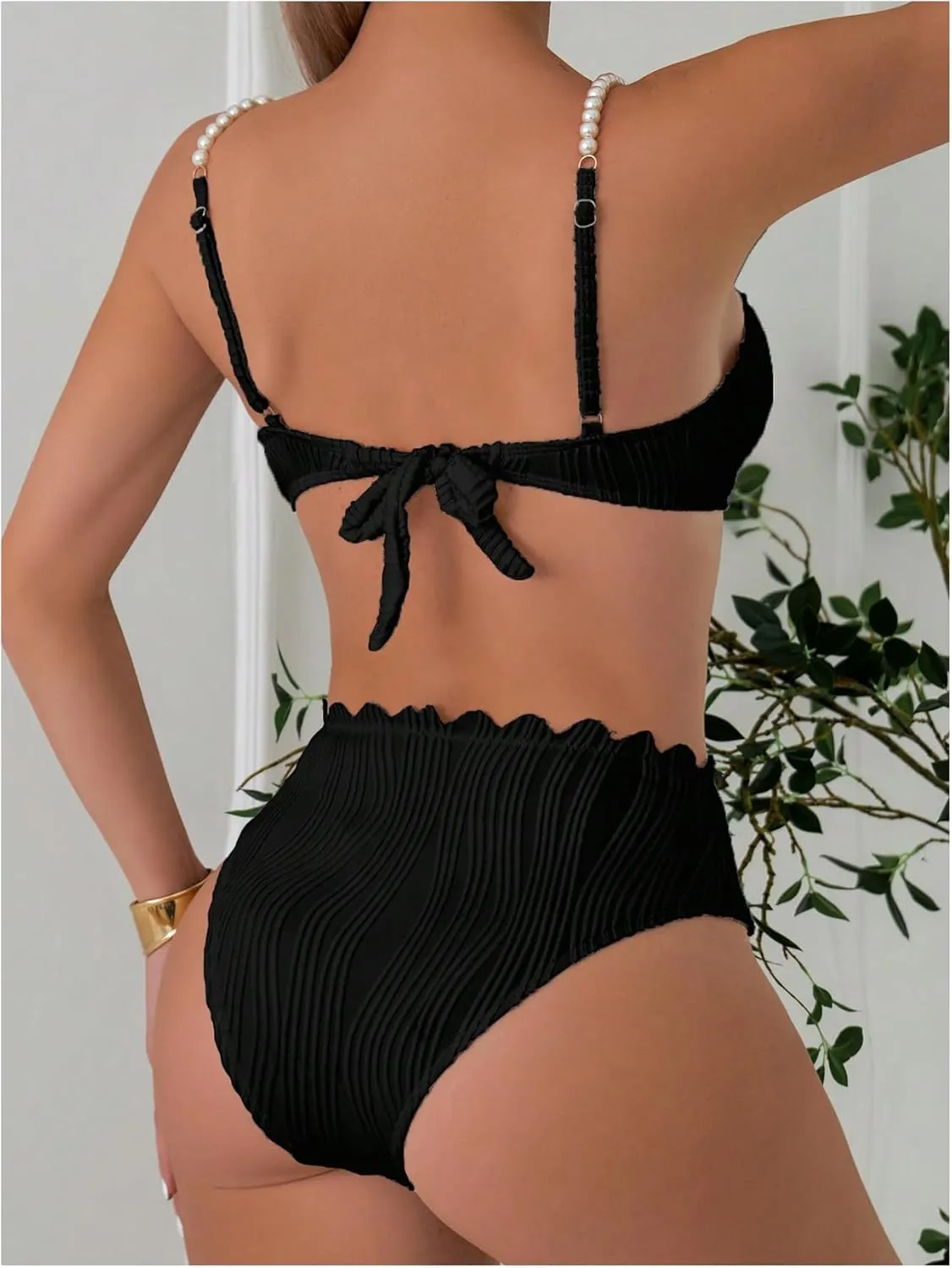 MakeMeChic Women's 2 Piece Bikini Set Textured Pearl Beaded Strap Scallop Trim High Waist Swimsuit