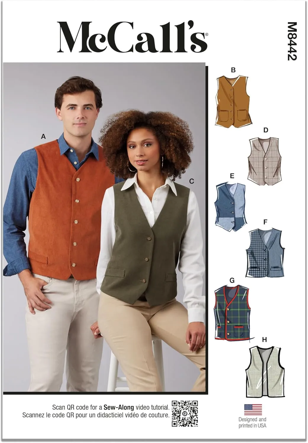 McCall's Easy Misses' and Men's Lined Vests Sewing Pattern Kit, Design Code M8442, Sizes XS-S-M-L-XL, Multicolor