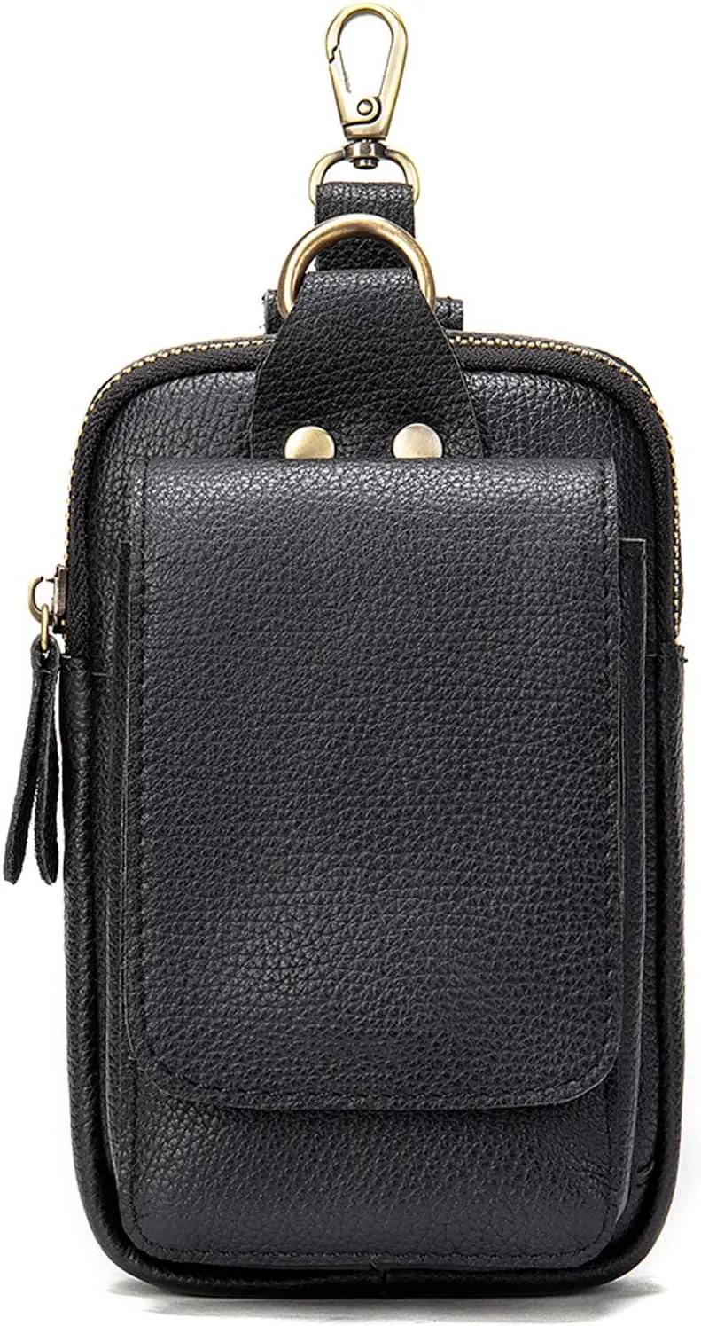 Men Multifunction Cell Phone Waist Bag, Leather Shoulder Pouch with Carabiner, Outdoor Tactical Waist Belt Pouch Boys Security Belt Loop Wallet Crossbody Gadget Pocket for Smartphone Up to 6.7 inch