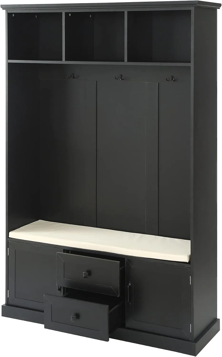 Merax Hall Tree with 3 Hooks, Coat Hanger, Entryway Bench, Storage Bench, 3-in-1 Design, for Entrance, Hallway, Black