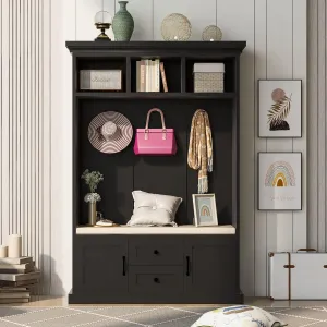 Merax Hall Tree with 3 Hooks, Coat Hanger, Entryway Bench, Storage Bench, 3-in-1 Design, for Entrance, Hallway, Black