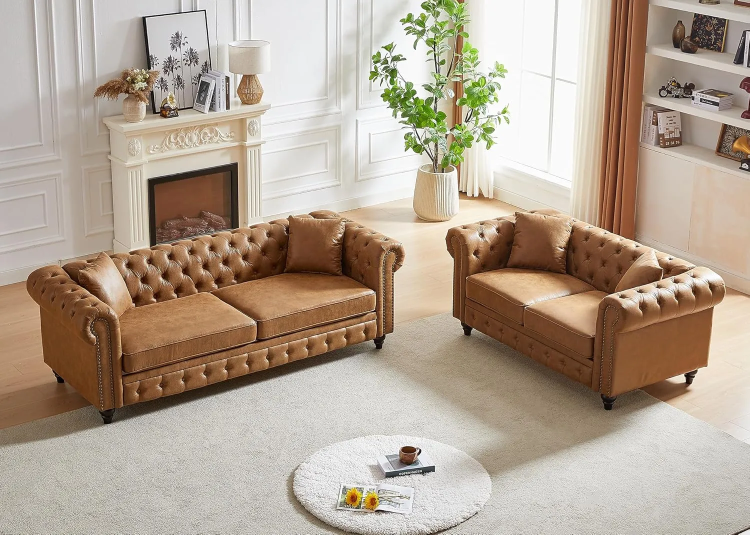 Mid Century Modern Couch,85.5" High-tech Fabric Button Tufted Oversized Loveseat Sofa w/ Nailhead Trim&Roll Armrest,Upholstered Comfy Deep Seat Chesterfield Sofa for Living Room,Office(3 Seater,Brown)