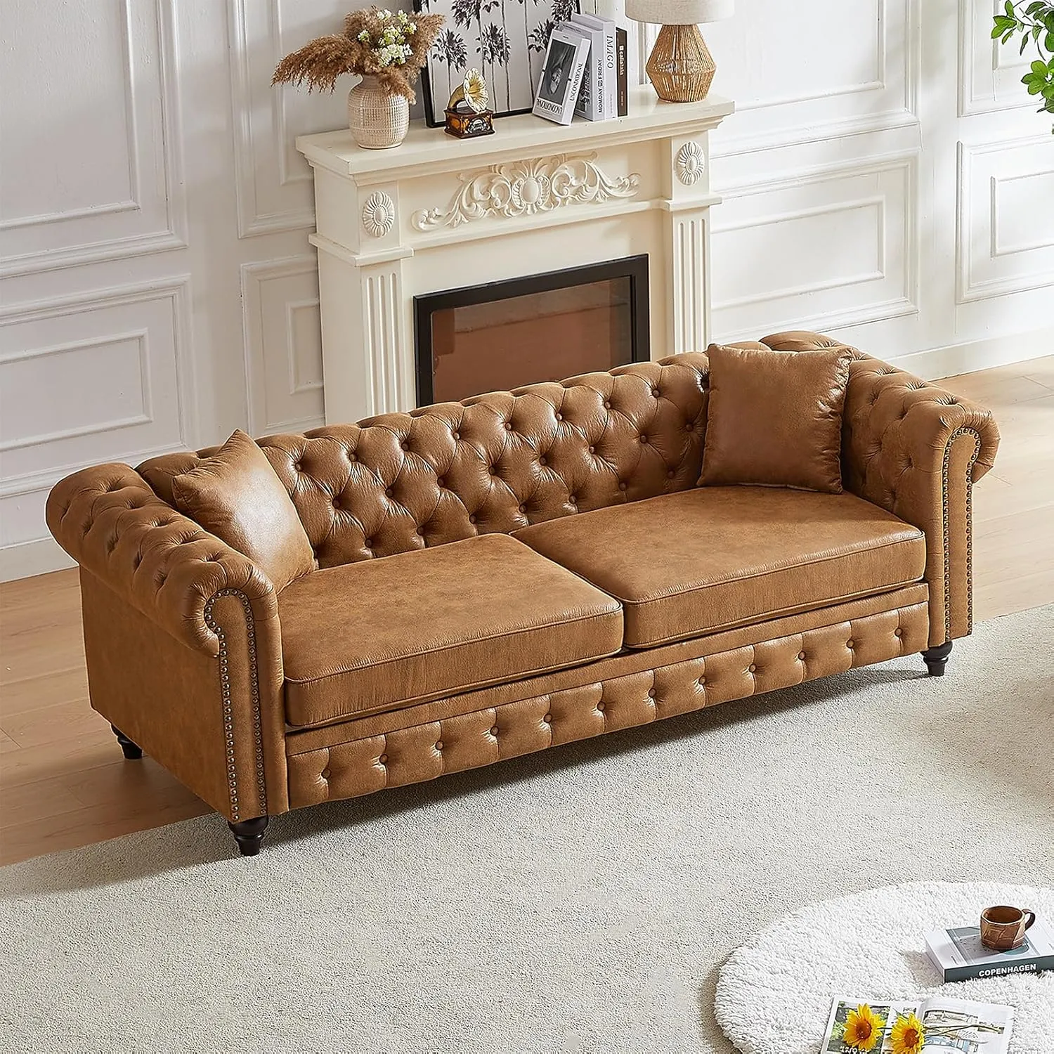 Mid Century Modern Couch,85.5" High-tech Fabric Button Tufted Oversized Loveseat Sofa w/ Nailhead Trim&Roll Armrest,Upholstered Comfy Deep Seat Chesterfield Sofa for Living Room,Office(3 Seater,Brown)