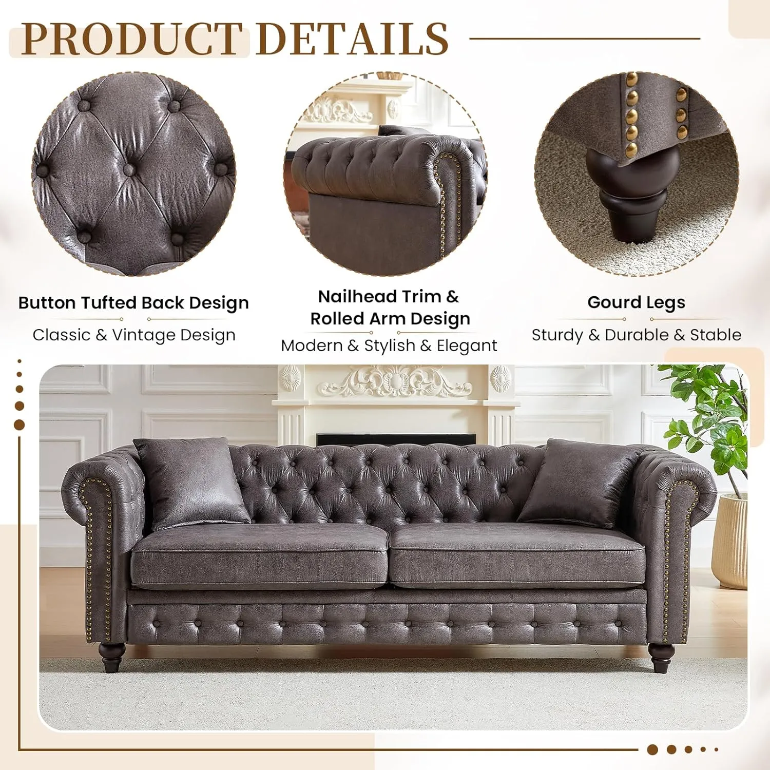 Mid Century Modern Couch,85.5" High-tech Fabric Button Tufted Oversized Loveseat Sofa w/ Nailhead Trim&Roll Armrest,Upholstered Comfy Deep Seat Chesterfield Sofa for Living Room,Office(3 Seater,Grey)