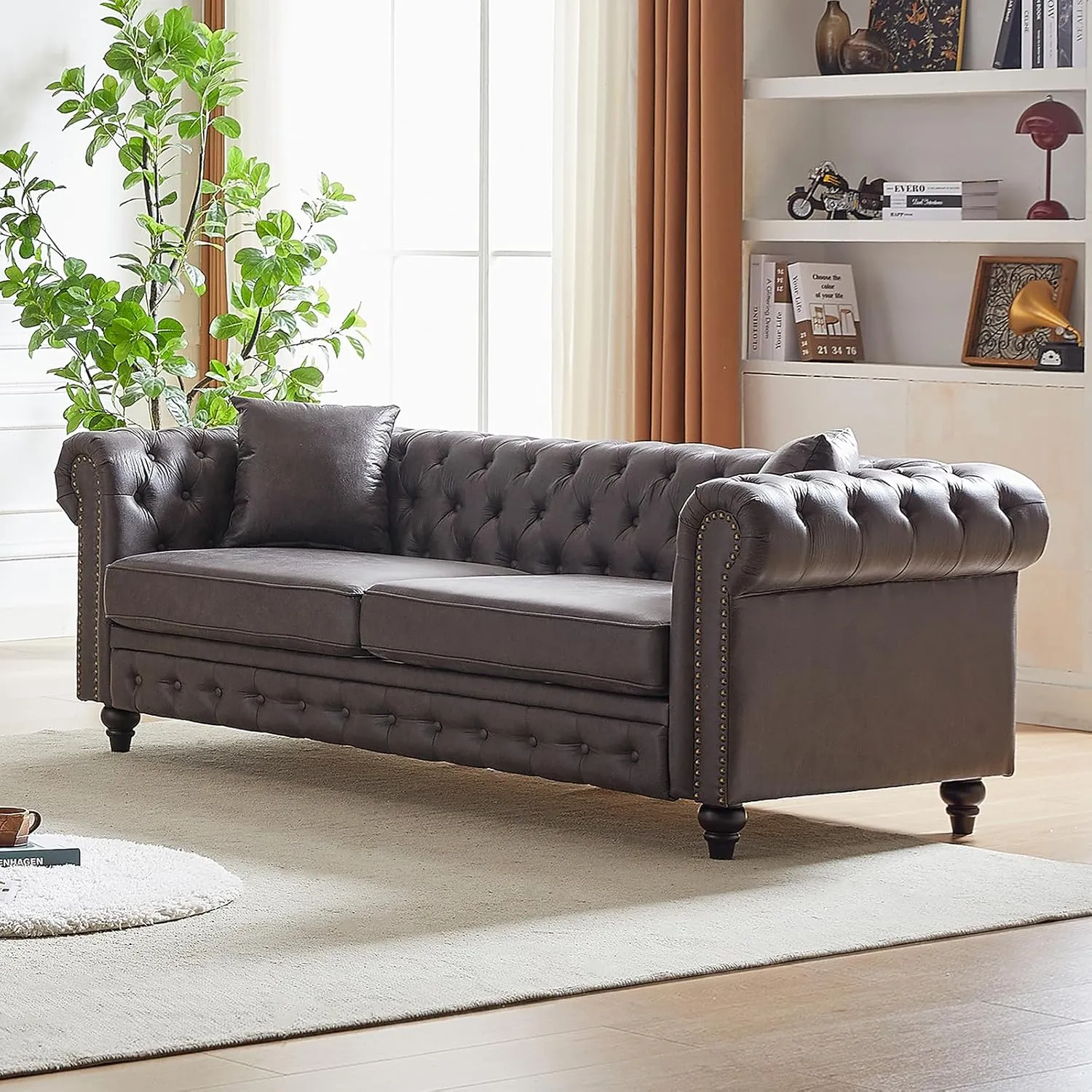 Mid Century Modern Couch,85.5" High-tech Fabric Button Tufted Oversized Loveseat Sofa w/ Nailhead Trim&Roll Armrest,Upholstered Comfy Deep Seat Chesterfield Sofa for Living Room,Office(3 Seater,Grey)