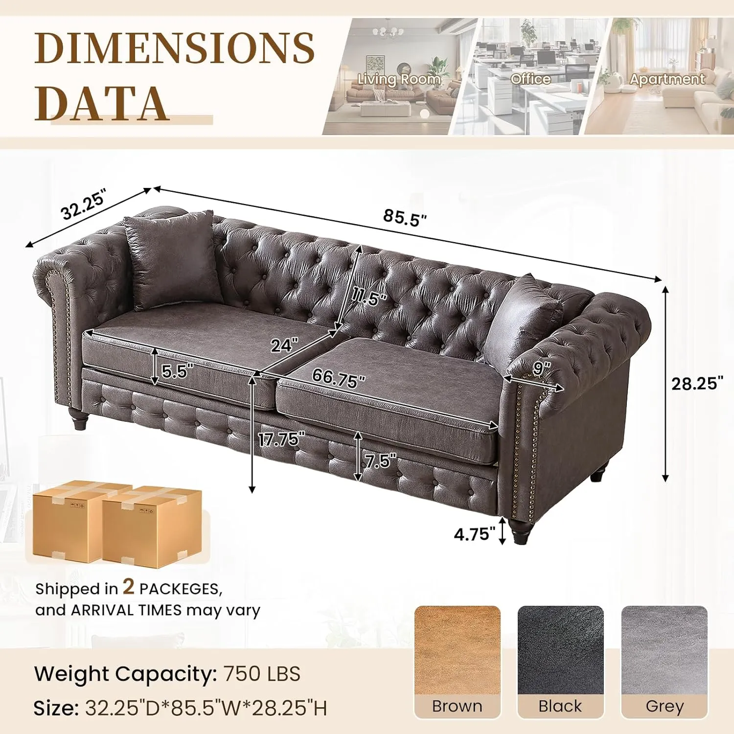 Mid Century Modern Couch,85.5" High-tech Fabric Button Tufted Oversized Loveseat Sofa w/ Nailhead Trim&Roll Armrest,Upholstered Comfy Deep Seat Chesterfield Sofa for Living Room,Office(3 Seater,Grey)