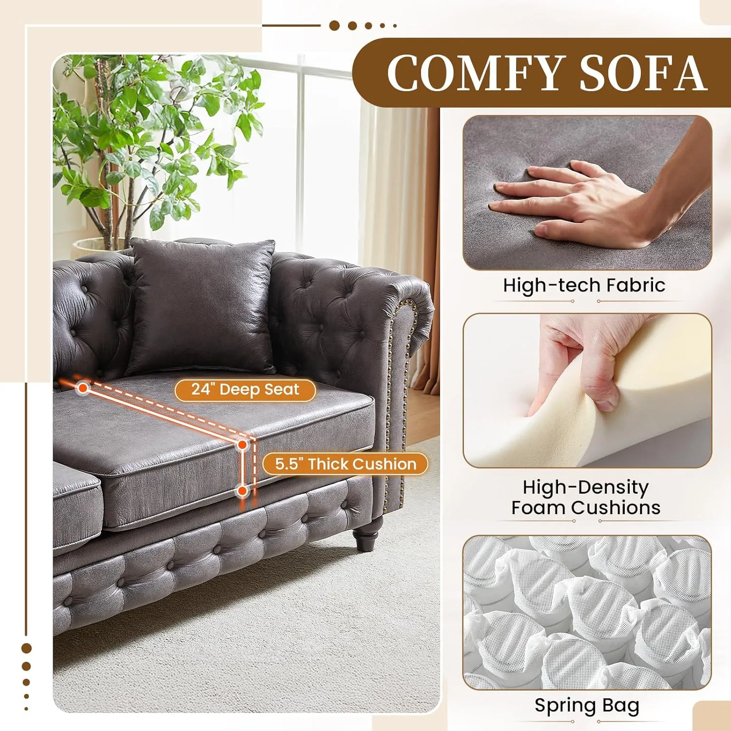 Mid Century Modern Couch,85.5" High-tech Fabric Button Tufted Oversized Loveseat Sofa w/ Nailhead Trim&Roll Armrest,Upholstered Comfy Deep Seat Chesterfield Sofa for Living Room,Office(3 Seater,Grey)