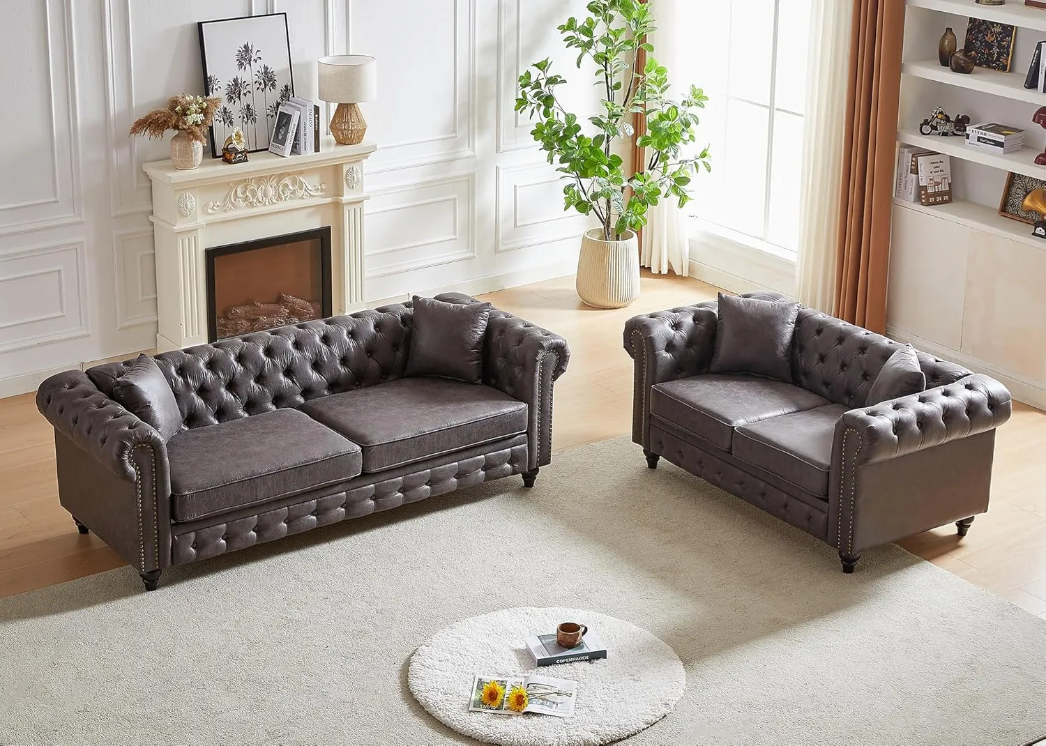 Mid Century Modern Couch,85.5" High-tech Fabric Button Tufted Oversized Loveseat Sofa w/ Nailhead Trim&Roll Armrest,Upholstered Comfy Deep Seat Chesterfield Sofa for Living Room,Office(3 Seater,Grey)