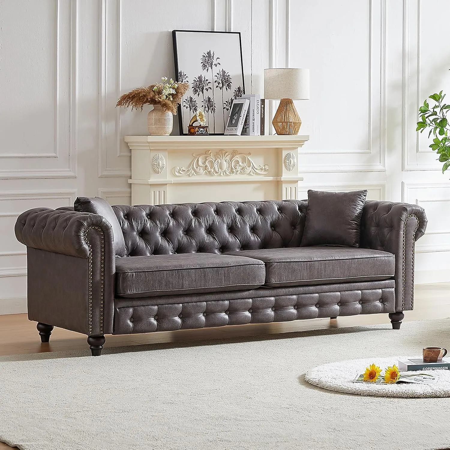 Mid Century Modern Couch,85.5" High-tech Fabric Button Tufted Oversized Loveseat Sofa w/ Nailhead Trim&Roll Armrest,Upholstered Comfy Deep Seat Chesterfield Sofa for Living Room,Office(3 Seater,Grey)