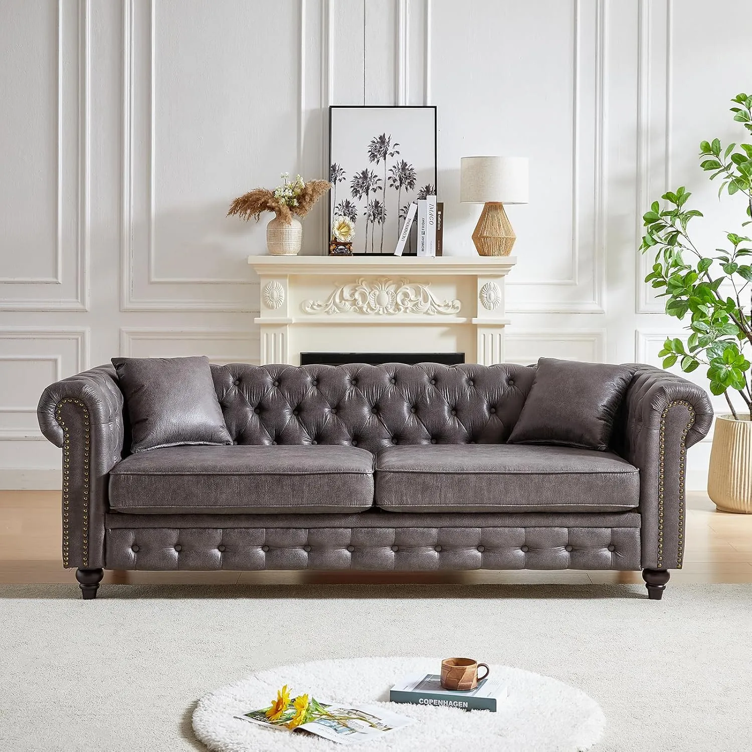 Mid Century Modern Couch,85.5" High-tech Fabric Button Tufted Oversized Loveseat Sofa w/ Nailhead Trim&Roll Armrest,Upholstered Comfy Deep Seat Chesterfield Sofa for Living Room,Office(3 Seater,Grey)