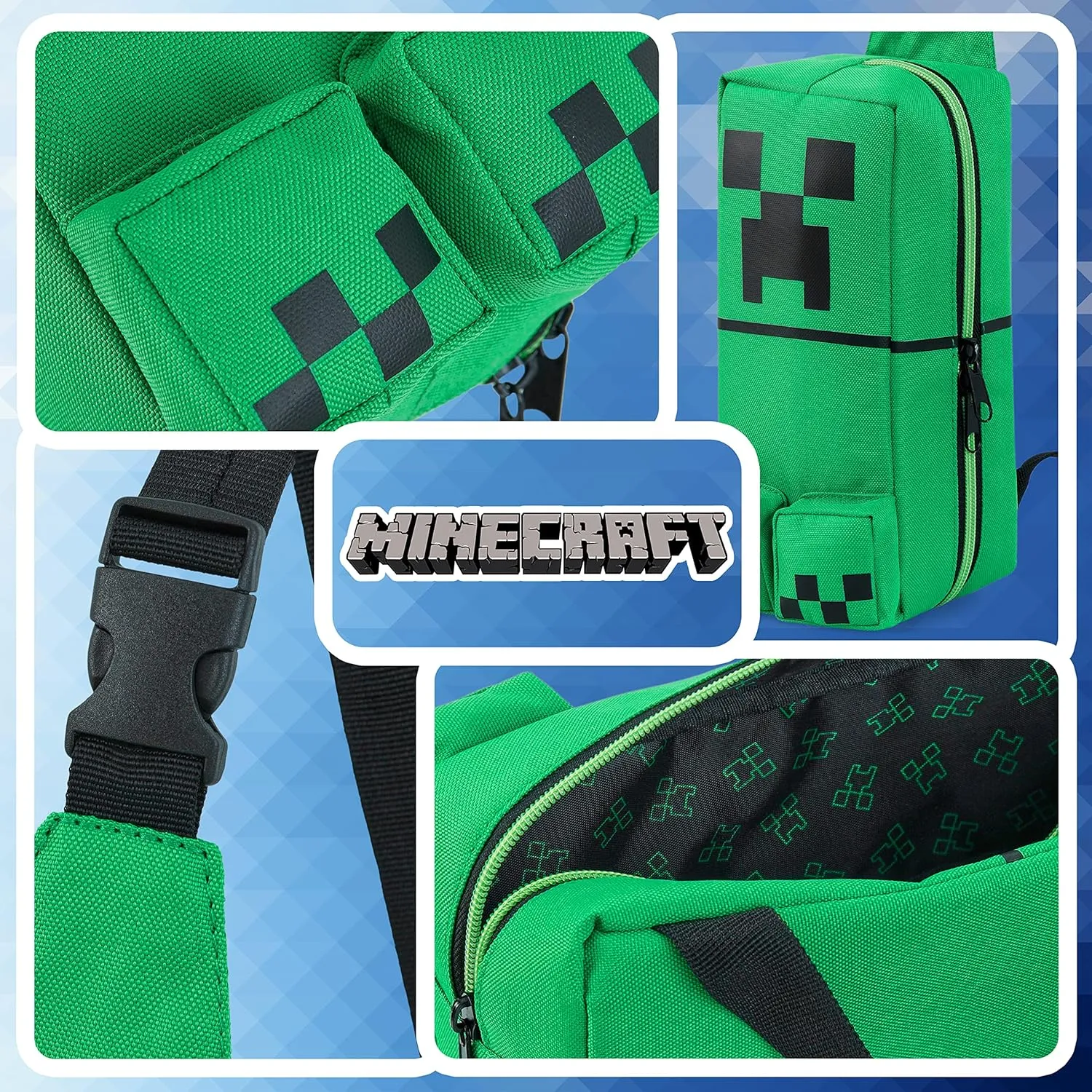 Minecraft Crossbody Bag for Boys Teens Creeper Sling Bag Chest Bag for Travel (Green)