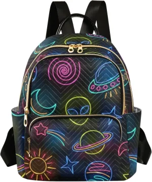 Mini Backpack Purse for Women Lightweight Girls Small Size Spaceplanets Alien Ship Sun Moon Comet Stars School Teens College Traveling
