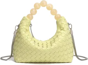 Mini Deluxe Leather Handmade Woven Women's Tote with Beaded Carrying Handle Age Reduced Elegant Chain Crossbody Bag