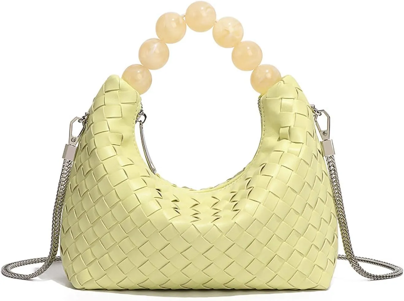 Mini Deluxe Leather Handmade Woven Women's Tote with Beaded Carrying Handle Age Reduced Elegant Chain Crossbody Bag