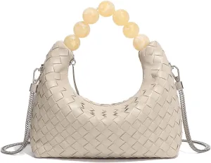 Mini Deluxe Leather Handmade Woven Women's Tote with Beaded Carrying Handle Age Reduced Elegant Chain Crossbody Bag