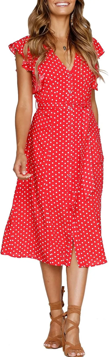 MITILLY Women's Boho Polka Dot Flutter Short Sleeve V Neck Button Down Swing Midi Dress with Pockets
