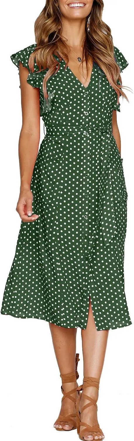 MITILLY Women's Boho Polka Dot Flutter Short Sleeve V Neck Button Down Swing Midi Dress with Pockets