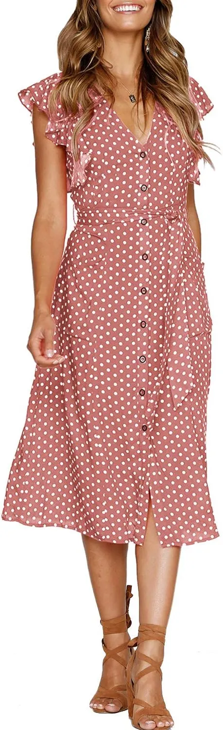 MITILLY Women's Boho Polka Dot Flutter Short Sleeve V Neck Button Down Swing Midi Dress with Pockets