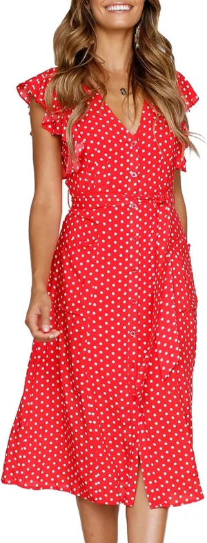 MITILLY Women's Boho Polka Dot Flutter Short Sleeve V Neck Button Down Swing Midi Dress with Pockets