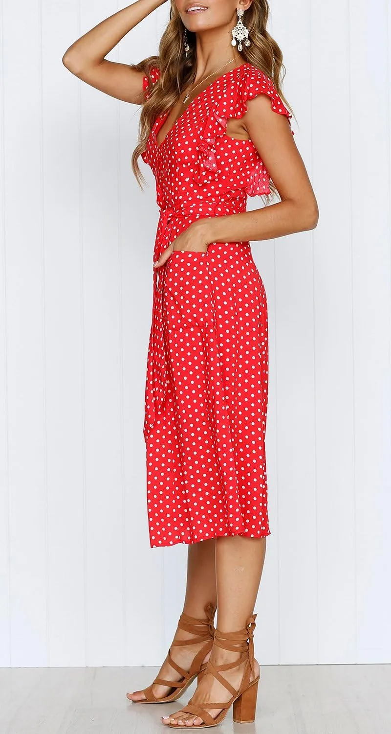 MITILLY Women's Boho Polka Dot Flutter Short Sleeve V Neck Button Down Swing Midi Dress with Pockets