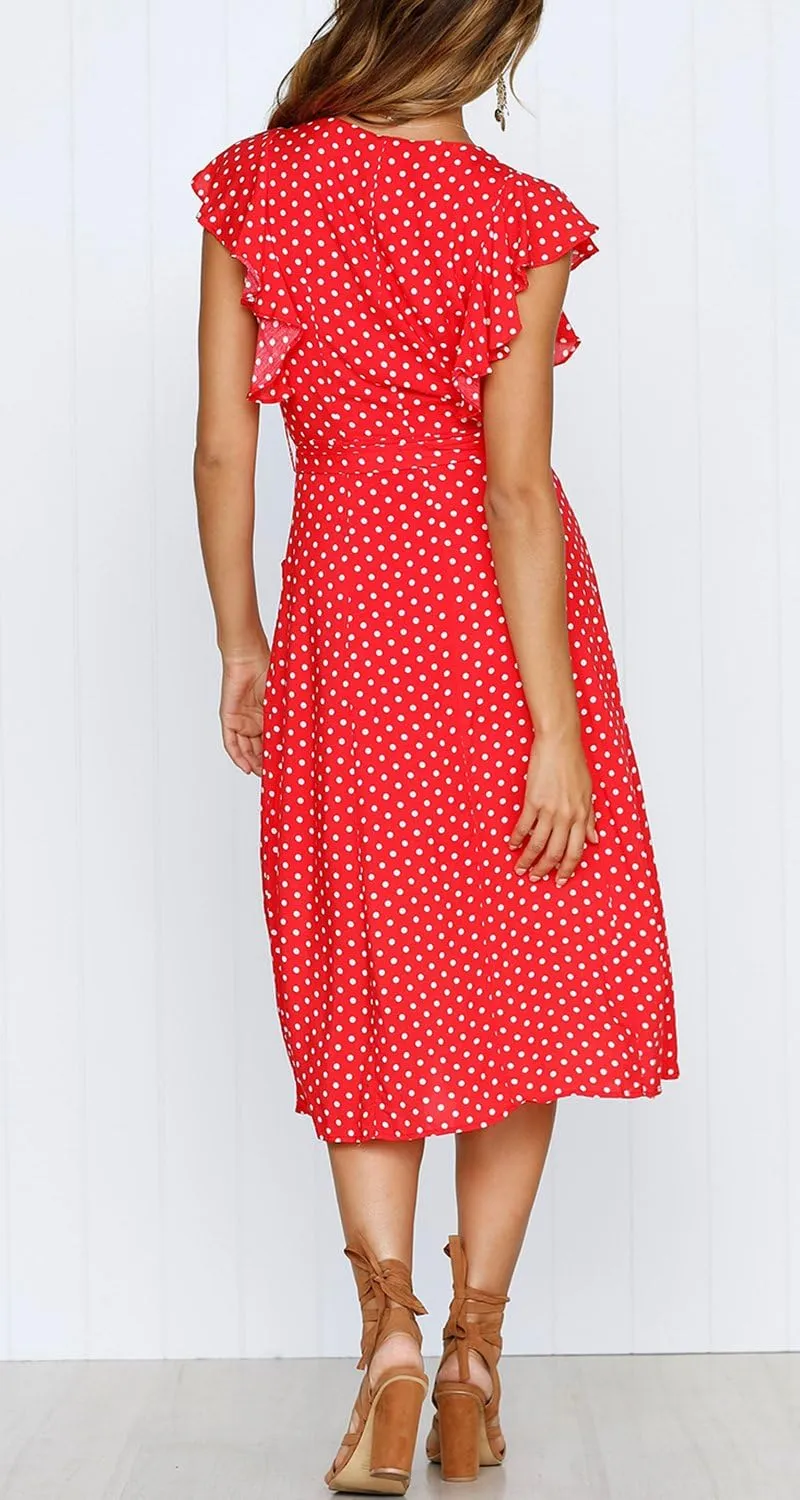 MITILLY Women's Boho Polka Dot Flutter Short Sleeve V Neck Button Down Swing Midi Dress with Pockets