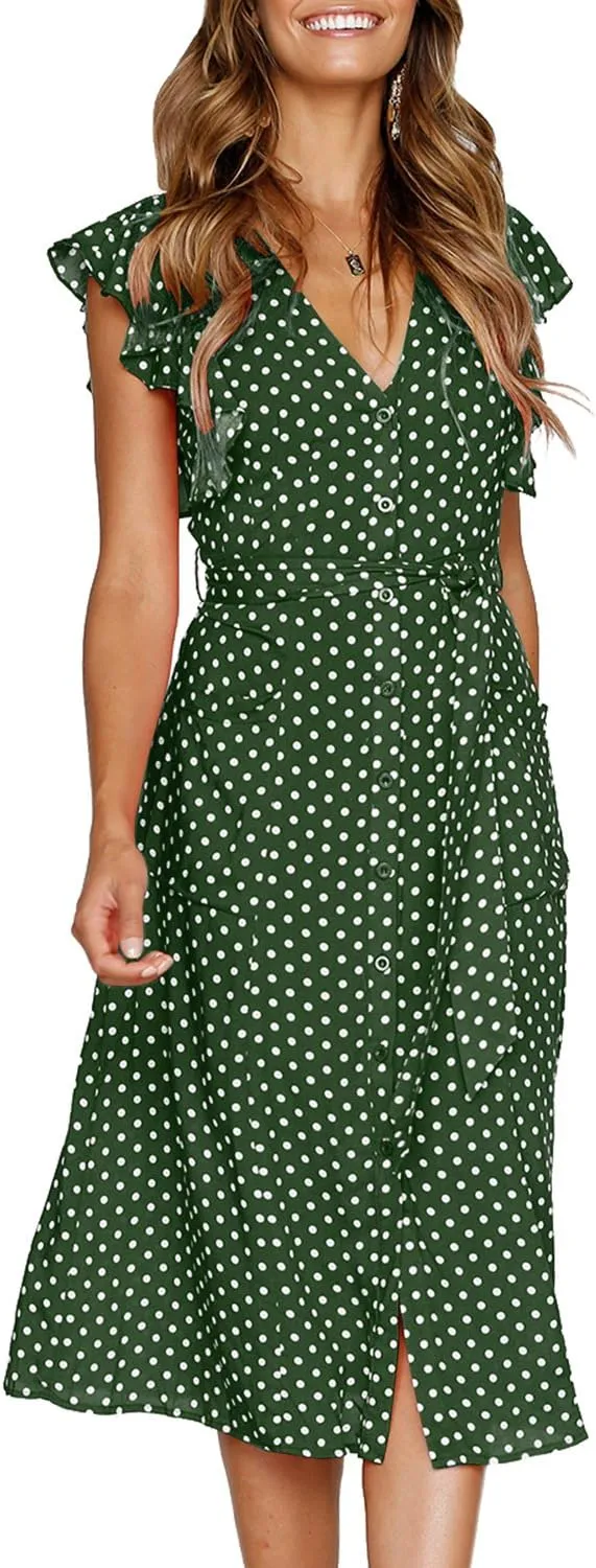 MITILLY Women's Boho Polka Dot Flutter Short Sleeve V Neck Button Down Swing Midi Dress with Pockets