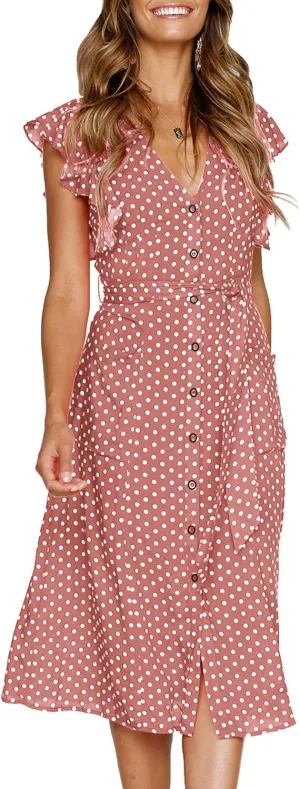 MITILLY Women's Boho Polka Dot Flutter Short Sleeve V Neck Button Down Swing Midi Dress with Pockets