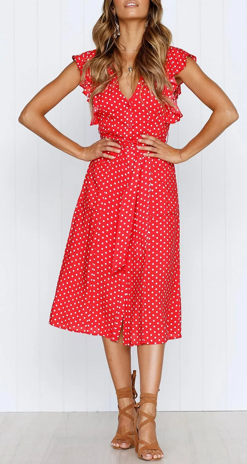 MITILLY Women's Boho Polka Dot Flutter Short Sleeve V Neck Button Down Swing Midi Dress with Pockets