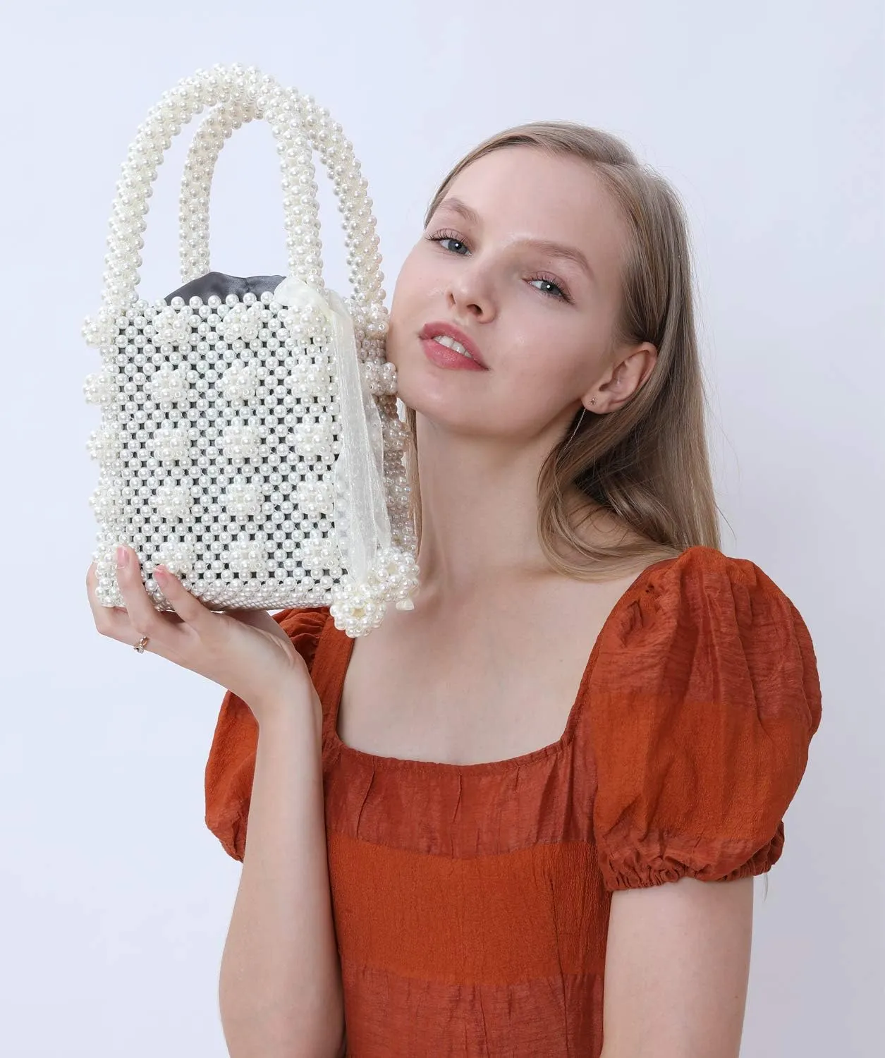 Miuco Womens Beaded Handbags Handmade Weave Crystal Pearl Tote Bags