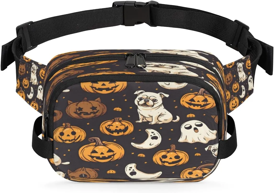 Moon Pumpkin Lamp Dog Waterproof Fanny Pack for Women Men Adjustable Waist Bag with Double Zipper Pockets Lightweight Square Hip Pack for Running Travel Hiking Workout Cycling