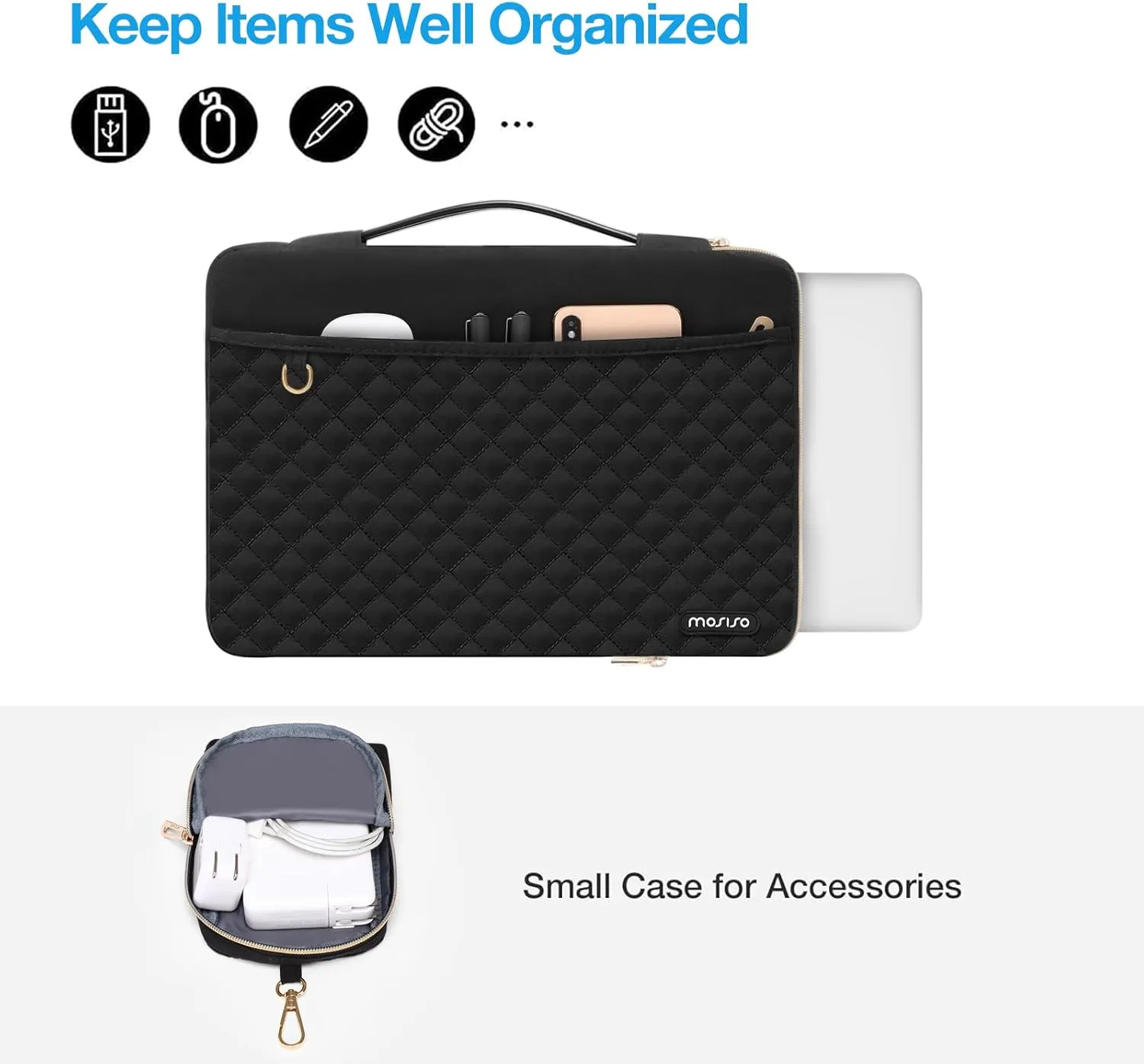 MOSISO 13-14 inch 360 Protective Laptop Sleeve, Compatible with MacBook Air/Pro 13/Pro 14 inch, 13.3 inch Carrying Case Square Quilted Side Open Bag with Horizontal Pockets&Small Case&Belt, Black