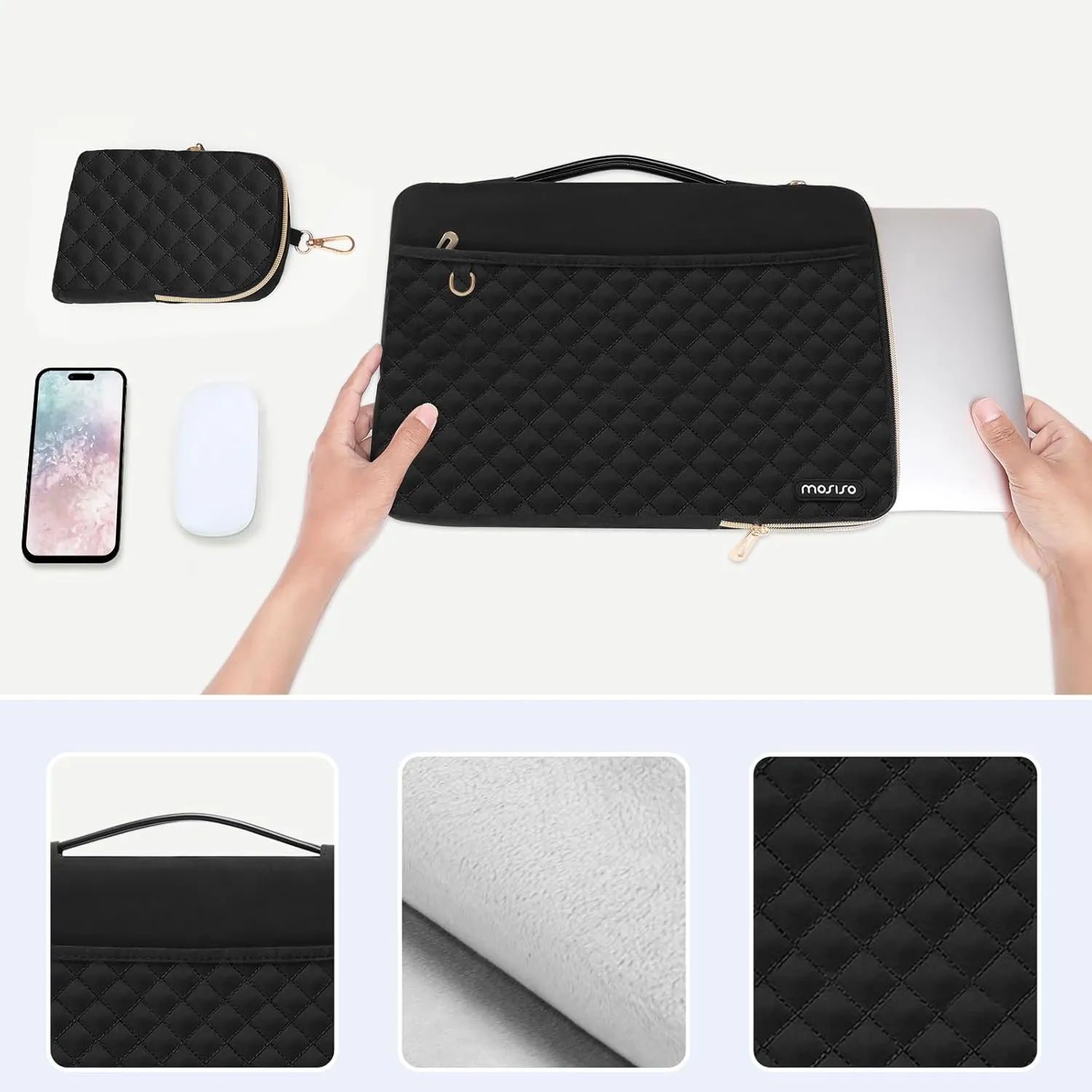MOSISO 13-14 inch 360 Protective Laptop Sleeve, Compatible with MacBook Air/Pro 13/Pro 14 inch, 13.3 inch Carrying Case Square Quilted Side Open Bag with Horizontal Pockets&Small Case&Belt, Black
