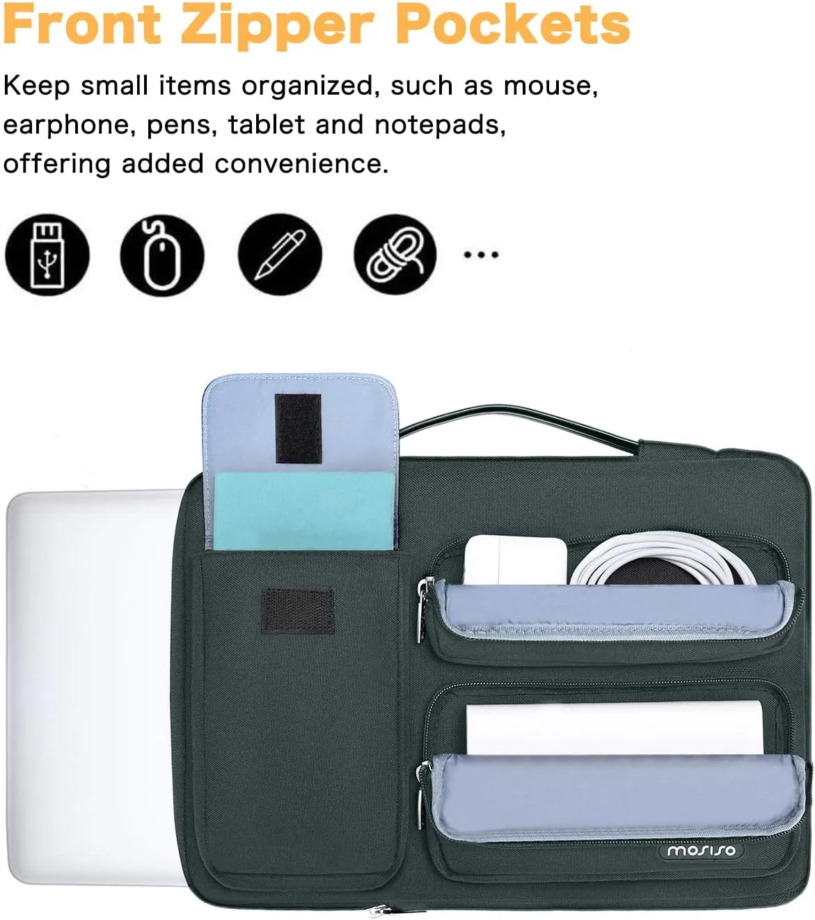 MOSISO 360 Protective Laptop Case 13.3 inch, 13-14 inch Laptop Sleeve Compatible with MacBook Air/Pro 13 / Pro 14, HP Dell ASUS Lenovo, Side Open Bag with 2 Raised&1 Flapover Pockets, Emerald Green