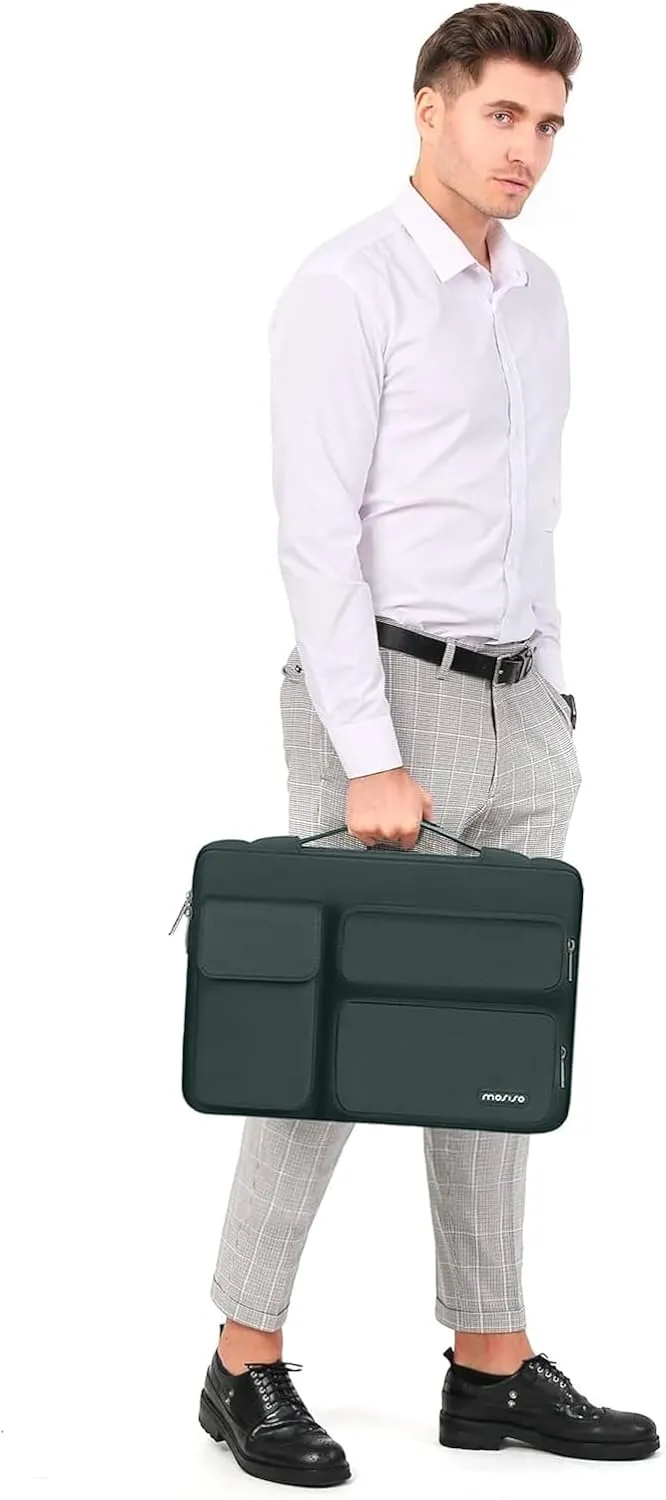 MOSISO 360 Protective Laptop Case 13.3 inch, 13-14 inch Laptop Sleeve Compatible with MacBook Air/Pro 13 / Pro 14, HP Dell ASUS Lenovo, Side Open Bag with 2 Raised&1 Flapover Pockets, Emerald Green