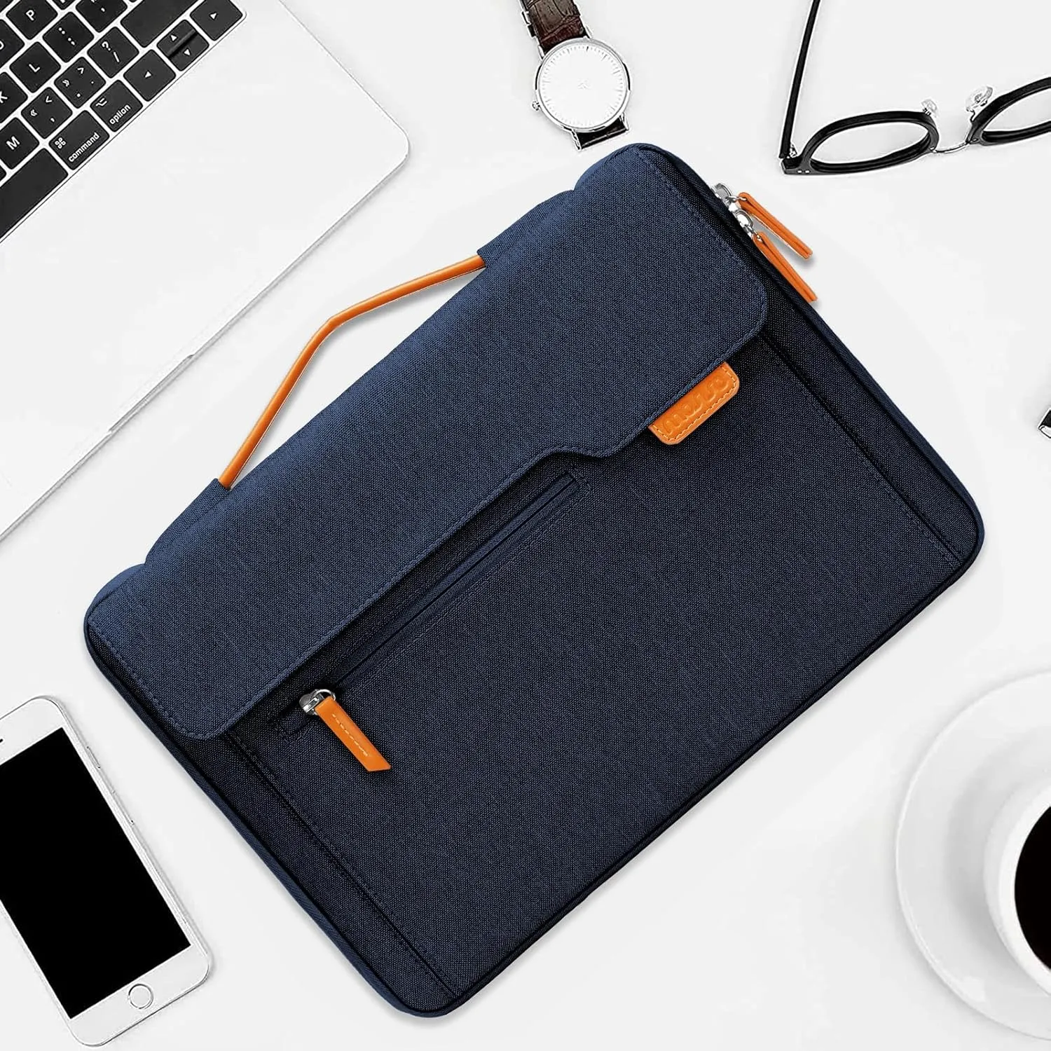 MOSISO 360 Protective Laptop Shoulder Bag, 15-15.6 inch Computer Bag Compatible with MacBook Pro 16, HP, Dell, Lenovo, Asus Notebook,Flapover Sleeve with Fully Open Zipper&Handle&Pockets, Navy Blue