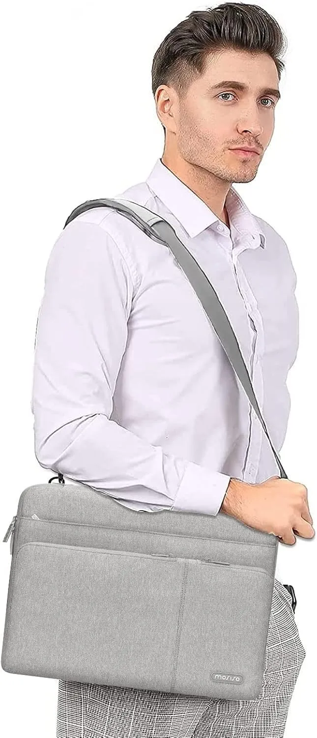 MOSISO 360 Protective Laptop Shoulder Bag Compatible with MacBook Pro 16 inch 2023-2019 M2 A2780 M1 A2485 Pro/Max A2141,15-15.6 inch Notebook,Side Open Sleeve with 3 Front Pockets&PU Handle&Belt, Gray