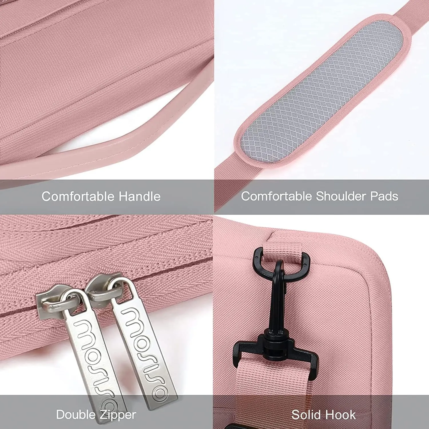 MOSISO 360 Protective Laptop Shoulder Bag Compatible with MacBook Pro 16 inch 2023-2019 M2 A2780 M1 A2485 Pro/Max A2141,15-15.6 inch Notebook,Side Open Sleeve with 3 Front Pockets&PU Handle&Belt, Pink