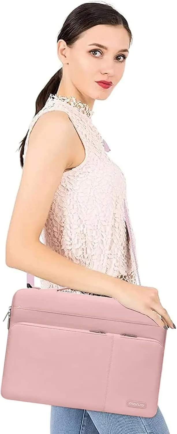 MOSISO 360 Protective Laptop Shoulder Bag Compatible with MacBook Pro 16 inch 2023-2019 M2 A2780 M1 A2485 Pro/Max A2141,15-15.6 inch Notebook,Side Open Sleeve with 3 Front Pockets&PU Handle&Belt, Pink