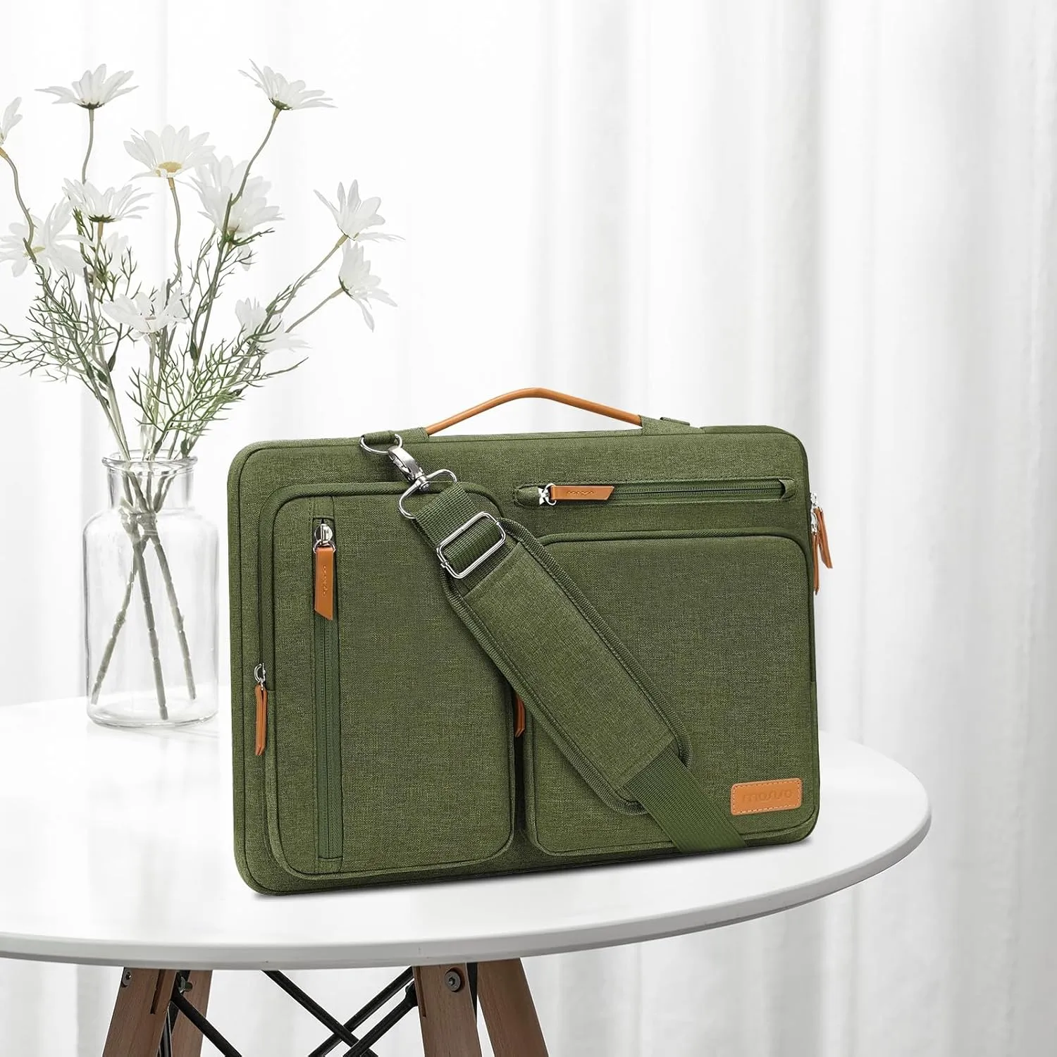 MOSISO 360 Protective Laptop Shoulder Bag,14 inch Computer Bags Compatible with MacBook Air 15 inch M4 M3 M2/Pro A1990 A1707,Side Open Messenger Bag with 4 Zipper Pockets, Olive Green