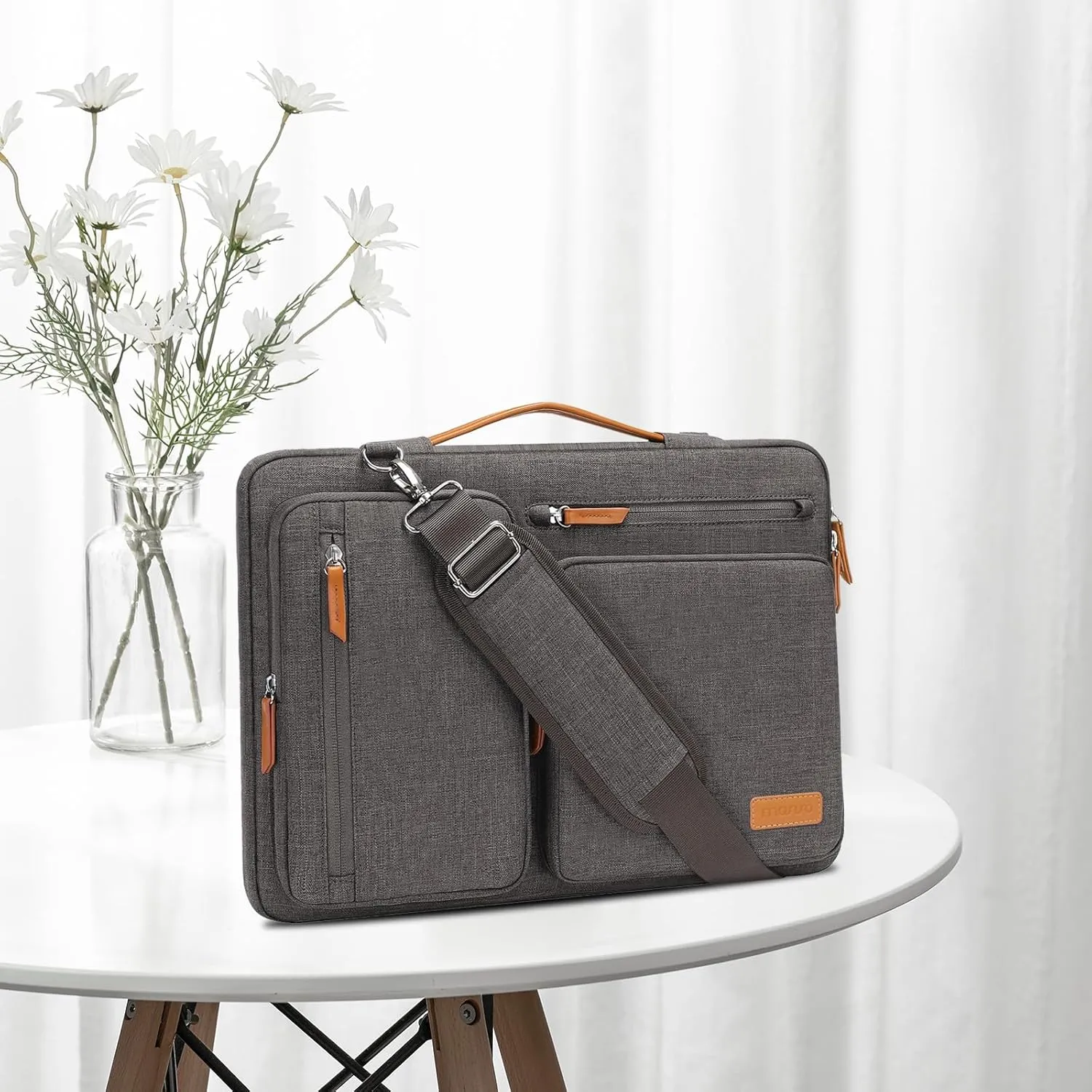 MOSISO 360 Protective Laptop Shoulder Bag,14 inch Computer Bags Compatible with MacBook Air 15 inch M4 M3 M2/Pro A1990 A1707,Side Open Messenger Bag with 4 Zipper Pockets, Taupe Gray