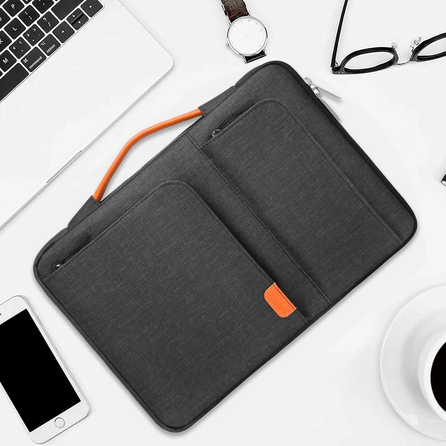 MOSISO 360 Protective Laptop Sleeve Compatible with MacBook Air 15 inch M3 M2 2024 2023 / Pro 15 A1990 A1707, Surface Laptop 15, HP Stream 14, Side Open Bag with 2 Accessory Pockets&Handle&Belt, Black