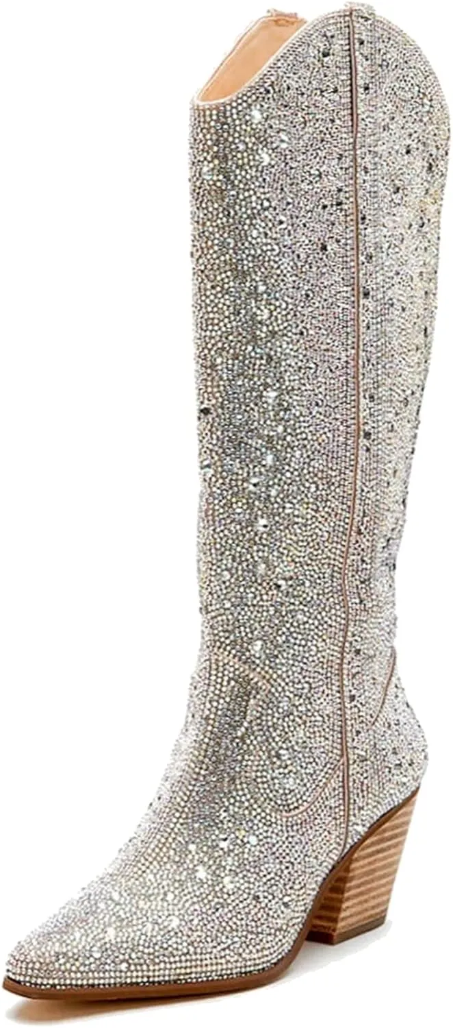 MUCCCUTE Women's Rhinestone Mid Calf Boots Sparkly Block Heel Cowboy Boots Glitter Boots